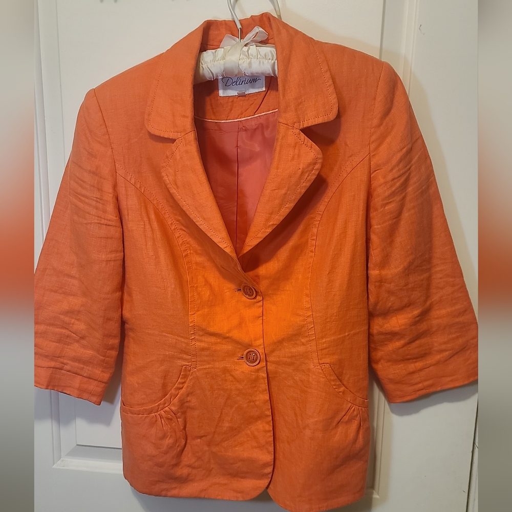 DELIRIUM Coral Orange Linen 3/4 Sleeve Blazer - Picture 2 of 11